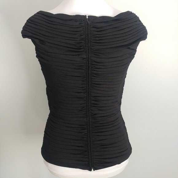 Classy Fitted Formal Black Top All Over Pleated Design Asymmetrical Neckline 8 - Picture 7 of 10